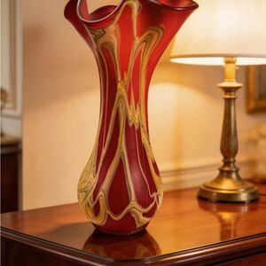 Essie Zareh 16" Baijan Art Glass Vase Red Multicolor Ruffled Hand Blown